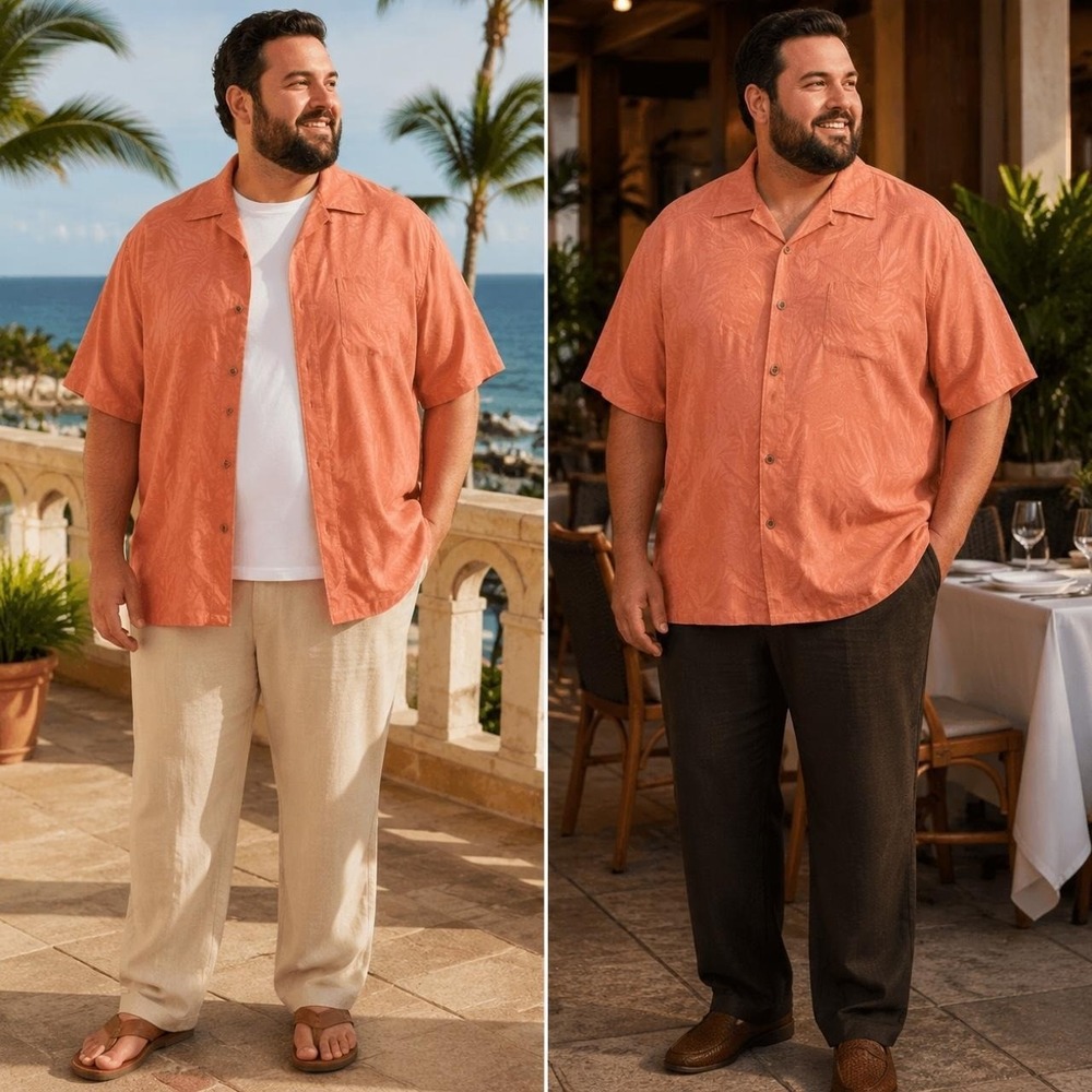 Joseph & Feiss Mens XXL Coral 100% Silk Tropical Camp Top Hawaiian Beachy Resort